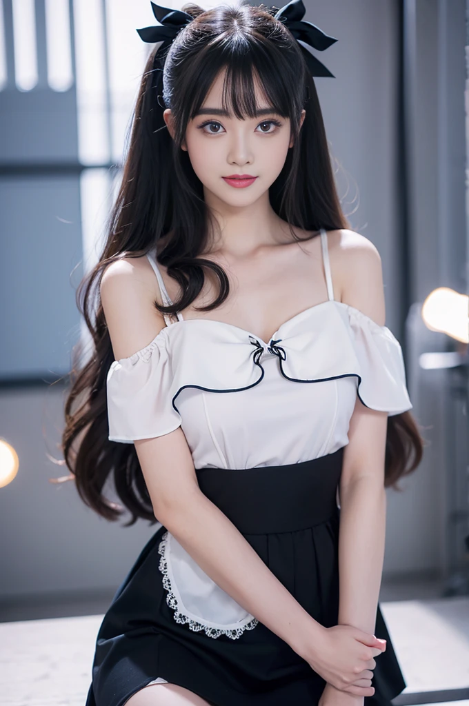 girl，single，Long hair，Looking at the audience，Bangs，blue eyes，Bow，Ribbon，whole body，Black hair，Bow，Low-cut clothing，Off-shoulder clothing，Suspender Skirt，Lips，eyelash，蓝Bow，白Bow，Lace，curls，lifelike，Smiling，Transparent Clothes，Colorful particles，Large Breasts，