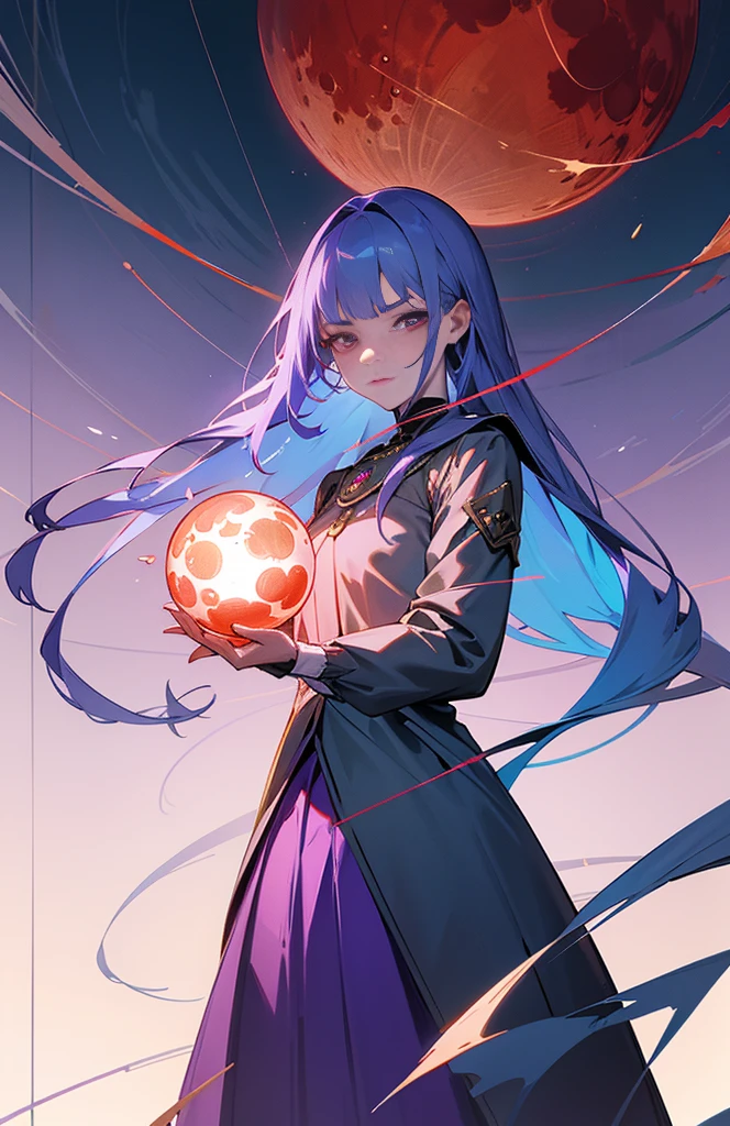 (woman\(Magical girl, Purple long skirt, Long flowing blue hair, Red pupils, Pale skin, Indifferent face,Cold eyes，Charge Magic Ball),night，Blood Moon,quality\(8K,Extremely detailed CG unit wallpaper, masterpiece,high resolution,top-quality,top-quality real texture skin,Surrealism,提high resolution,original photo,Best quality,Very detailed,light,Ray Tracing,Golden Ratio\)