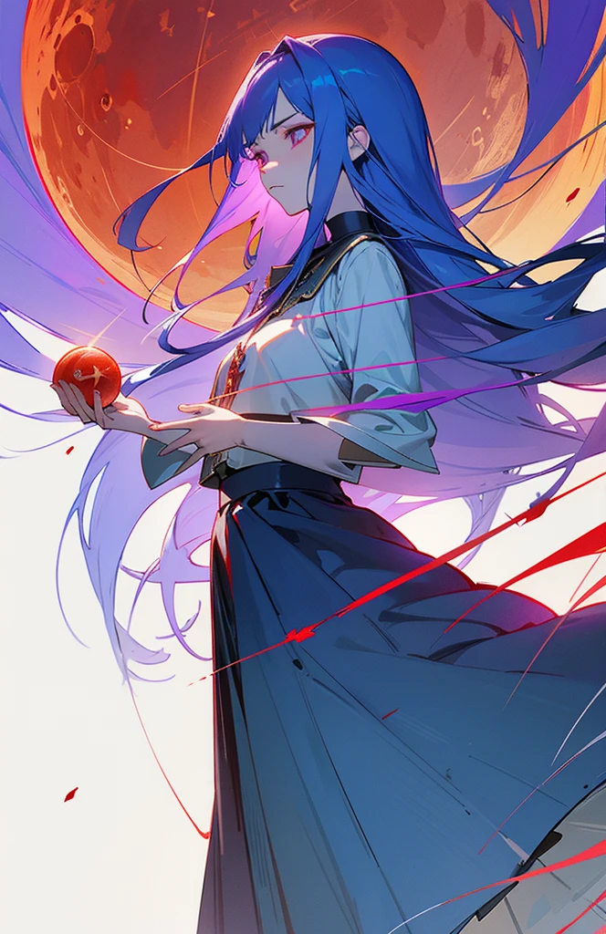 (woman\(Magical girl, Purple long skirt, Long flowing blue hair, Red pupils, Pale skin, Indifferent face,Cold eyes,Charge Magic Ball),night,Blood Moon,quality\(8K,Extremely detailed CG unit wallpaper, masterpiece,high resolution,top-quality,top-quality real texture skin,Surrealism,提high resolution,original photo,Best quality,Very detailed,light,Ray Tracing,Golden Ratio\)