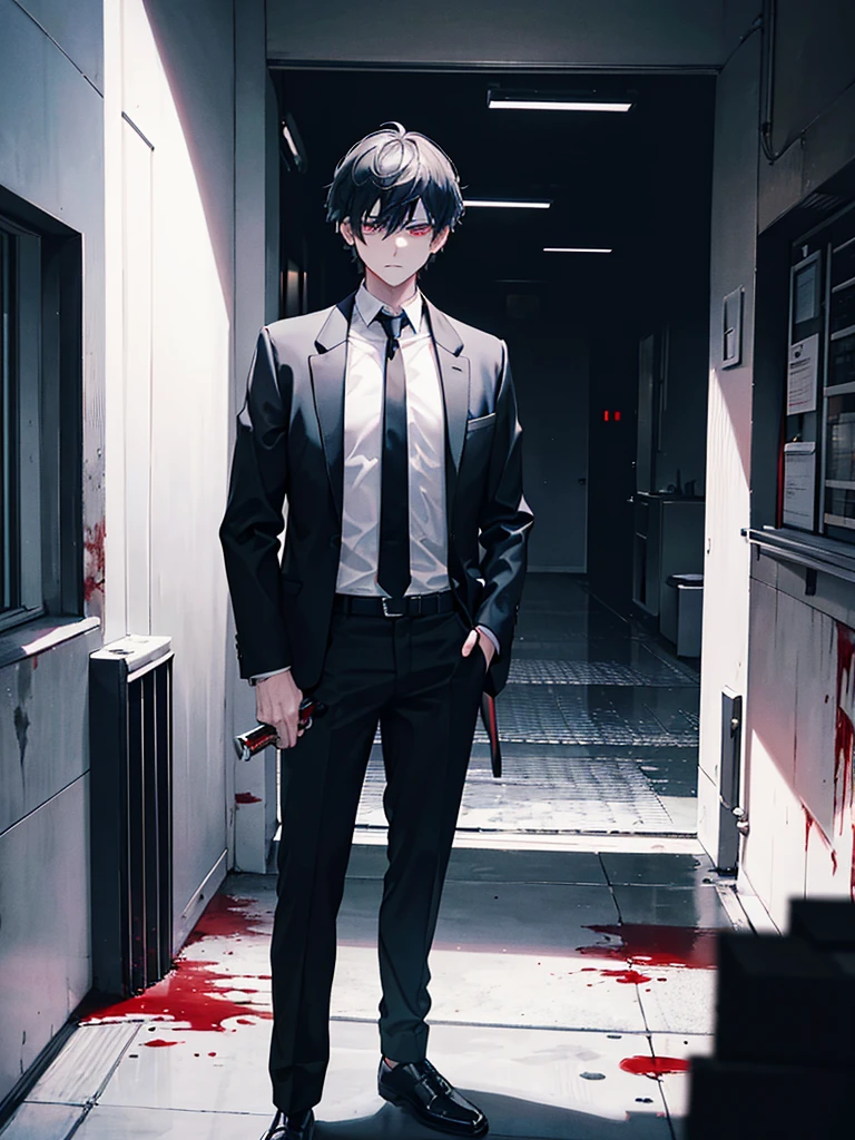 3: 4, a man standing in a dark building, black short hair, white shirt with black tie, trousers, angry eyes, blood on face, look at camera, half body, killer, knife in hand