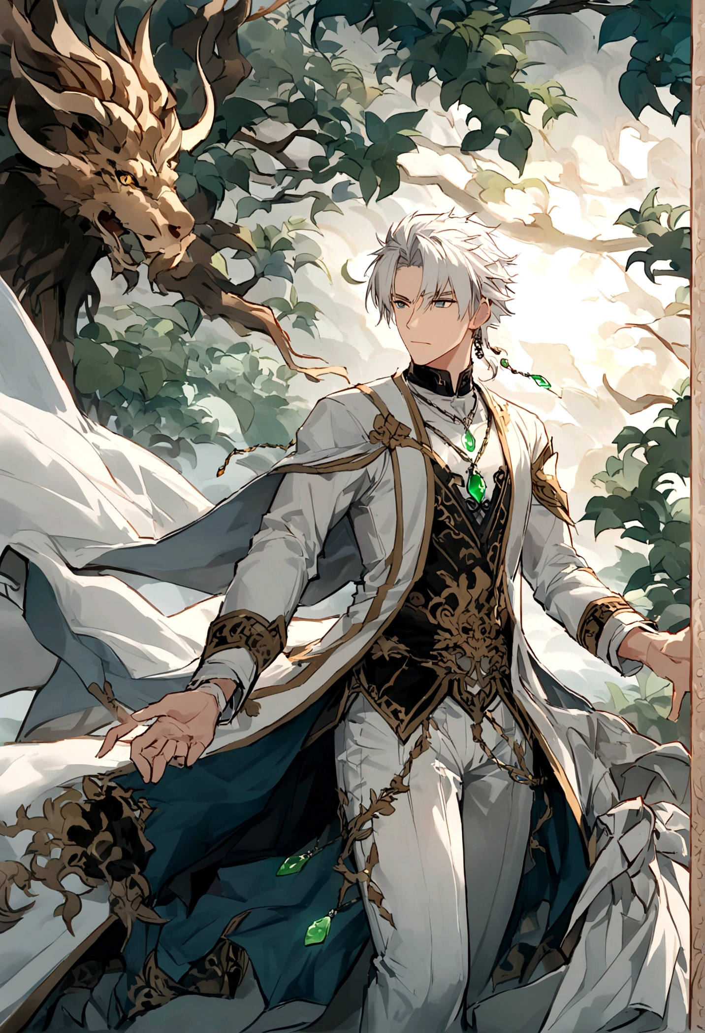 Mysterious forest,Shandong(((ancient cave))),((Young male)),Handsome,((Worn clothes)),Shocked expression,((Jade pendant floating in the air,Silvery white light,Dazzling)),dream,((神秘dream的场景))style,Chinese style,Immortal World,Xianxia World