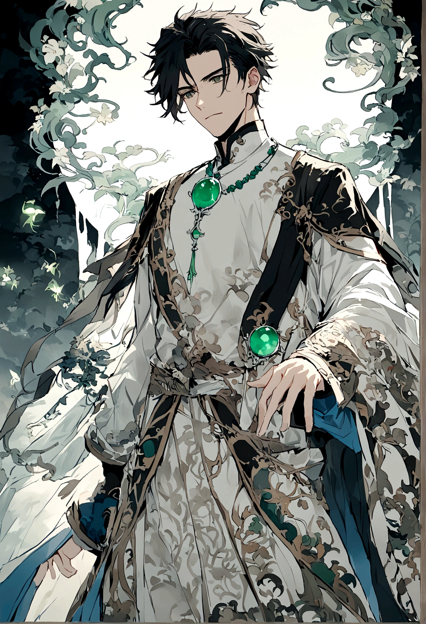 Mysterious forest,Shandong(((ancient cave))),((Young male)),Handsome,((Worn clothes)),Shocked expression,((Jade pendant floating in the air,Silvery white light,Dazzling)),dream,((神秘dream的场景))style,Chinese style,Immortal World,Xianxia World