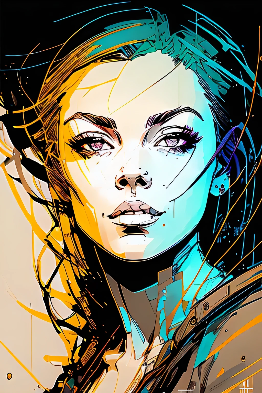 nvinkpunk , fierce famale portrait,looking  up, full frame, gold, turquose, white, black , light smile.