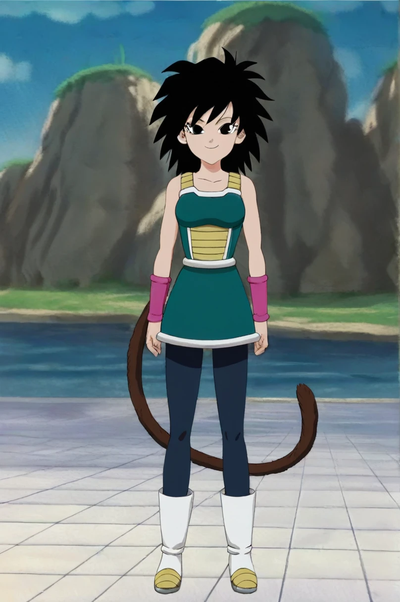 fountain_cheered up, score_9,score_8_above, score_7_above,  gineDb, cheered up screencap, 
1 girl, Alone, old, looking at the viewer, SMILE, black fur,  shoulders, medium old, Closed mouth, standing, whole body, black pantyhose, Boots, outdoor, sky, day, cloud, water, blurred, black eyes, blue sky,  arms, depth of field, blurred background, happy, cloudy sky, spiky hair, pink bracelet, arm at the side, rock, arms at the sides, horizon, monkey's tail, saiyajin armadura, green skirt, Eyebrows, eyelashes, green saiyajin armadura, clavicle, hand on one's own ass, looking at the ass, Leaning forward, on one side
 
 