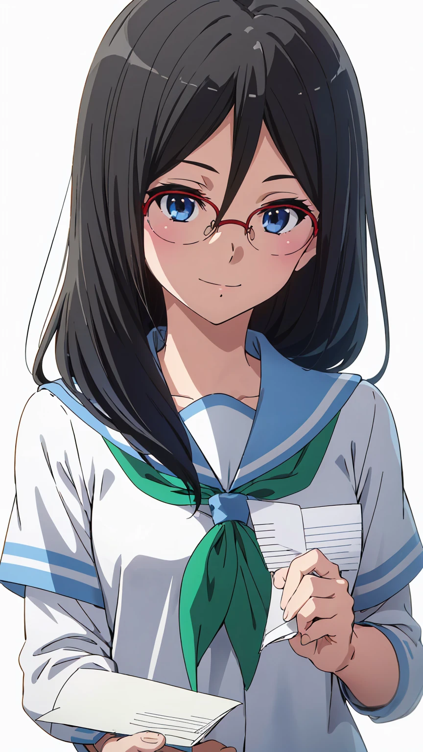 solo, 1girl, looking at viewer, sketch, flat colors, 2D, anime, anime coloring, upper body, (solid white background:1.3), asuka tanaka, kitauji high , serafuku, blue sailor collar, green neckerchief, looking at viewer, smile upper body garden (holding a blank paper viewing it to the viewer: 1.5)