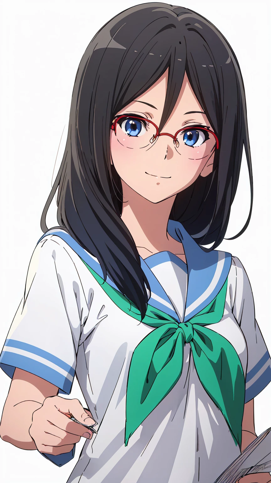 solo, 1girl, looking at viewer, sketch, flat colors, 2D, anime, anime coloring, upper body, (solid white background:1.3), asuka tanaka, kitauji high , serafuku, blue sailor collar, green neckerchief, looking at viewer, smile upper body garden (holding a blank paper viewing it to the viewer: 1.5)
