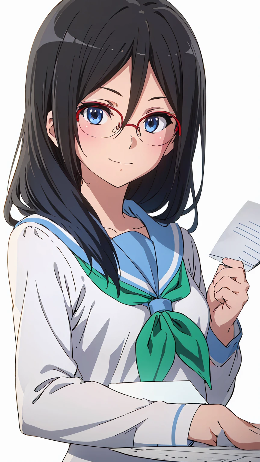 solo, 1girl, looking at viewer, sketch, flat colors, 2D, anime, anime coloring, upper body, (solid white background:1.3), asuka tanaka, kitauji high , serafuku, blue sailor collar, green neckerchief, looking at viewer, smile upper body garden (holding a blank paper viewing it to the viewer: 1.5)