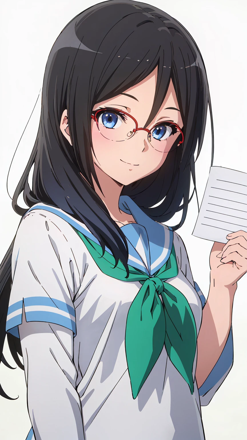 solo, 1girl, looking at viewer, sketch, flat colors, 2D, anime, anime coloring, upper body, (solid white background:1.3), asuka tanaka, kitauji high , serafuku, blue sailor collar, green neckerchief, looking at viewer, smile upper body garden (holding a blank paper viewing it to the viewer: 1.5)
