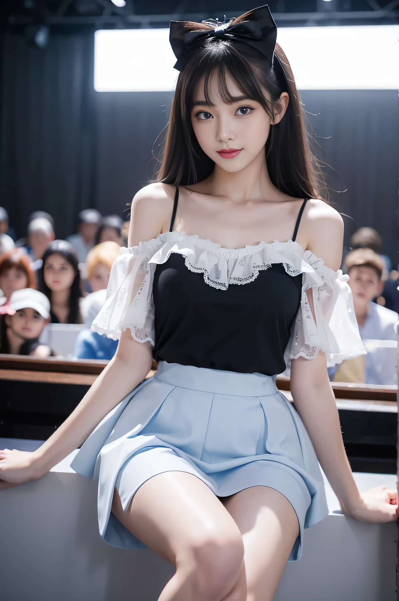 girl,single,Long hair,Looking at the audience,Bangs,blue eyes,Bow,Ribbon,whole body,Black hair,Bow,Low-cut clothing,Off-shoulder clothing,Suspender Skirt,Lips,eyelash,蓝Bow,白Bow,Lace,curls,lifelike,Smiling,Transparent Clothes,Colorful particles,Large Breasts,