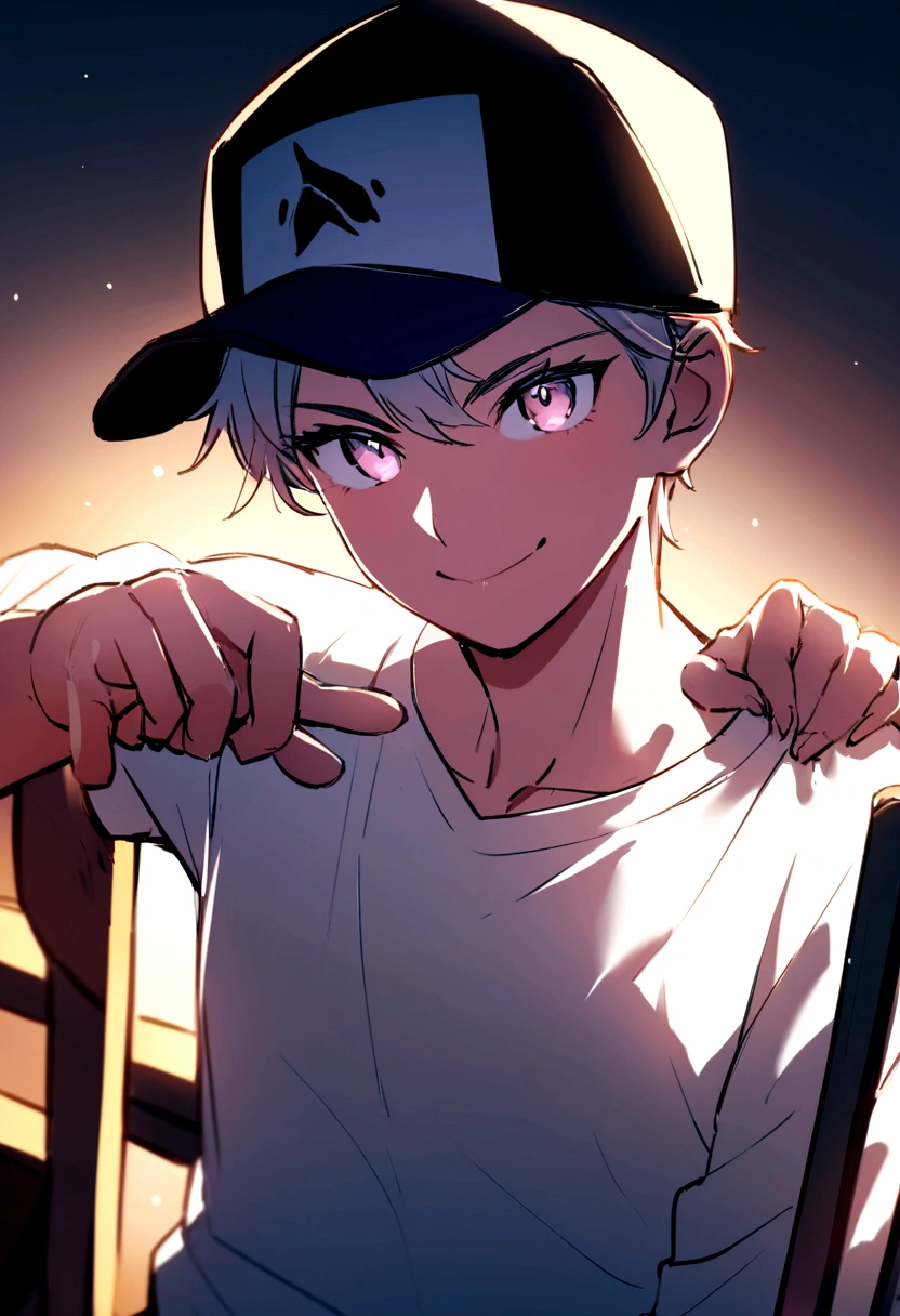 He is wearing a plain white T-shirt and a black cap,Wearing a black cap,Japanese,Small Nose,good looking,tall,Looking at the camera from the front,(Background blur) (Highest quality) (Detailed skin) (Detailed Texture) (8K) (clay) (Cinema Lighting) ,Sitting on a chair and exposing the upper half of my body、He is the leader of the class、Is giving a presentation、Able to work、Presentation Venue、Be confident、leadership、smile、Close-up Character, Character pose、いsmile、Ambient lighting