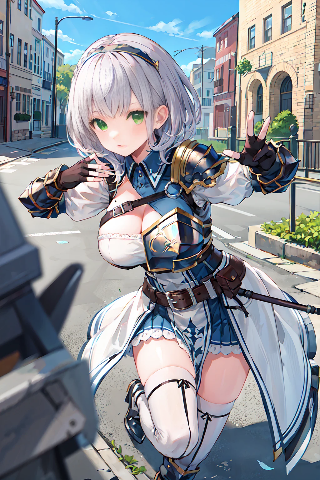 masterpiece, Highest quality, High resolution, aanoel, medium hair, green eyes, hairband, blue collar, shoulder armor, cleavage, mole on breast, armored dress, chest belt, gold trim, fingerless gloves, black gloves, brown belt, pouch, pelvic curtain, black thighhighs,Fighting、Have a mace、Medieval streetscape