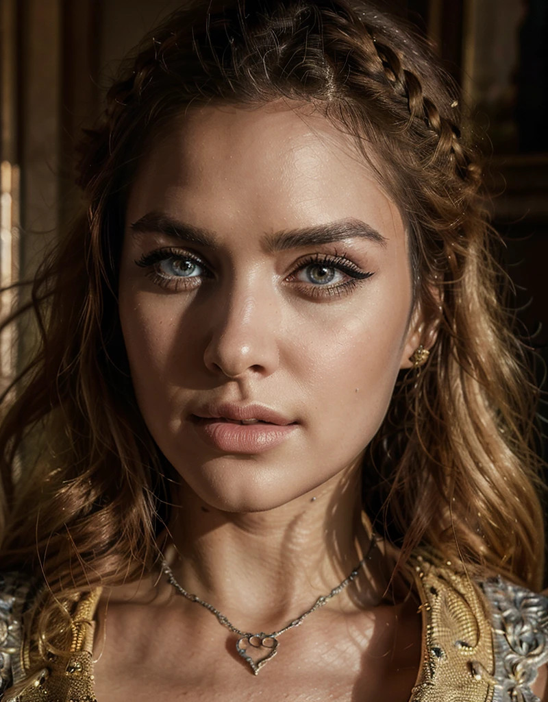 beautiful detailed eyes, beautiful detailed lips, extremely detailed eyes and face, long eyelashes, 1girl, portrait, fantasy, game of thrones character, danaerys targaryen, platinum blonde hair, braided hair, fantasy medieval dress, powerful gaze, (best quality,4k,8k,highres,masterpiece:1.2),ultra-detailed,(realistic,photorealistic,photo-realistic:1.37),digital painting, vibrant colors, dramatic lighting