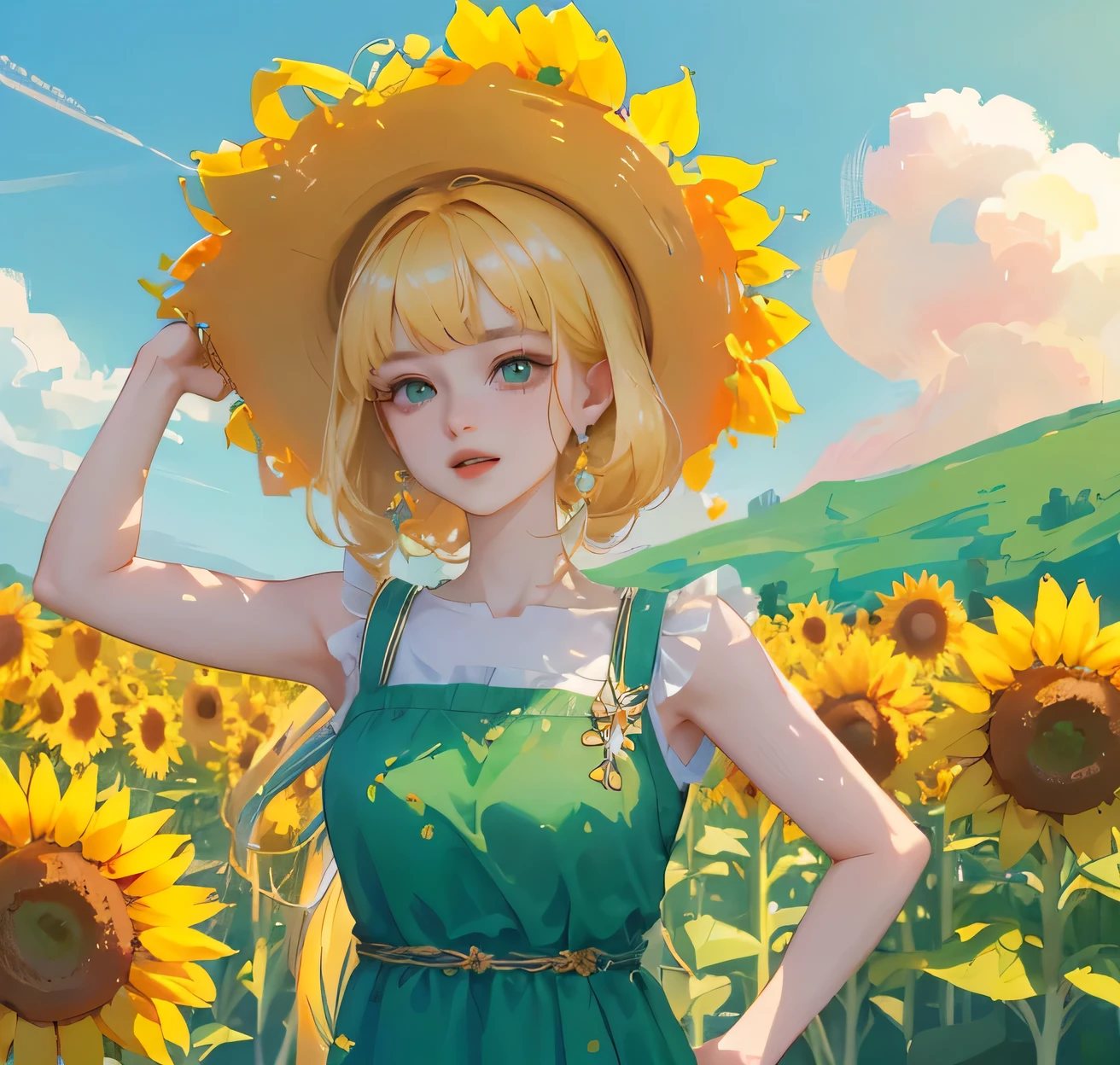 (high quality) (best quality) (a woman) (correct physiognomy) Woman, blonde hair with bangs on her forehead, Flower crown on her head, green eyes, tender lips, middle age, olive green summer dress with print of flowers, location of the photo, the woman must be in the middle of a field of sunflowers, lighting of the photo: sunlight, proportion from head to hips..
