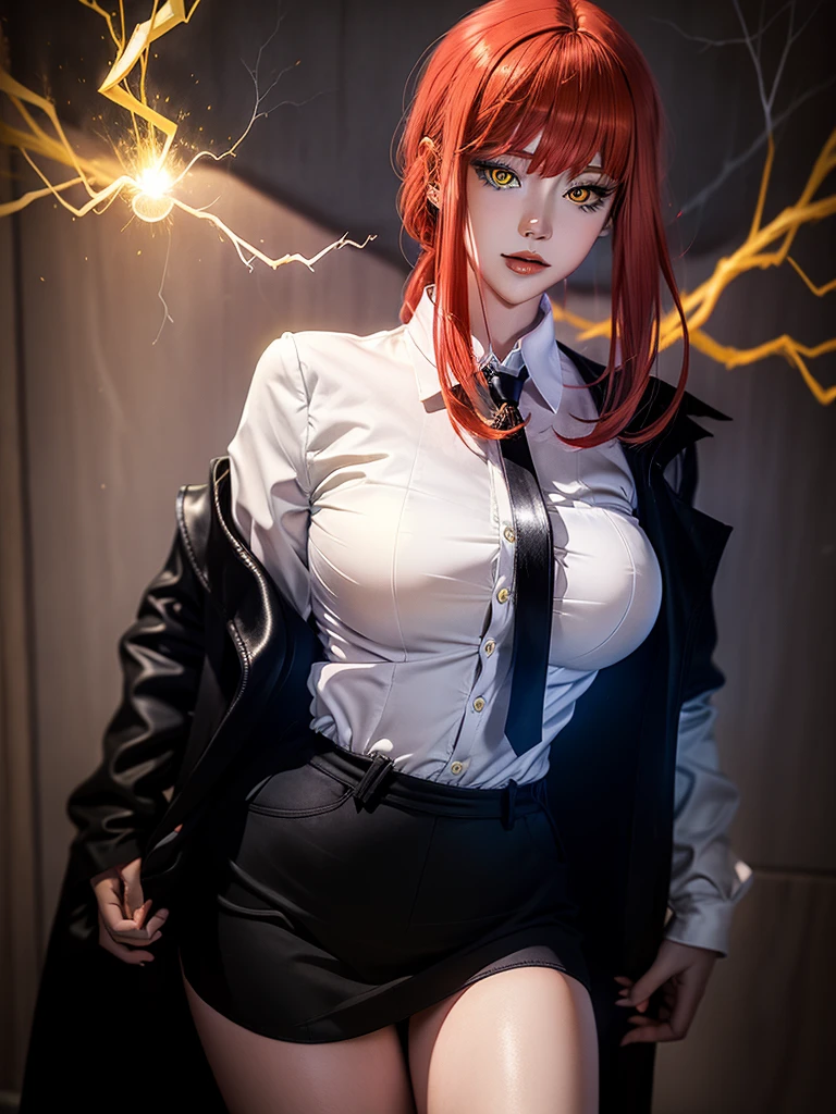 beautiful gorgeous Makima woman staring at the viewer, yellow eyes, sharp, red hair, white shirt, black mini skirt, long legs, black tie, volumetric lightning, superdetailed