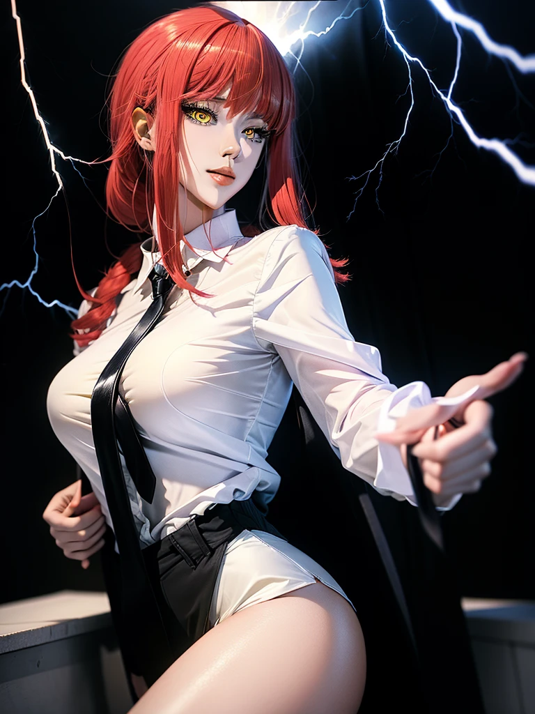 beautiful gorgeous Makima woman staring at the viewer, yellow eyes, sharp, red hair, white shirt, black mini skirt, long legs, black tie, volumetric lightning, superdetailed