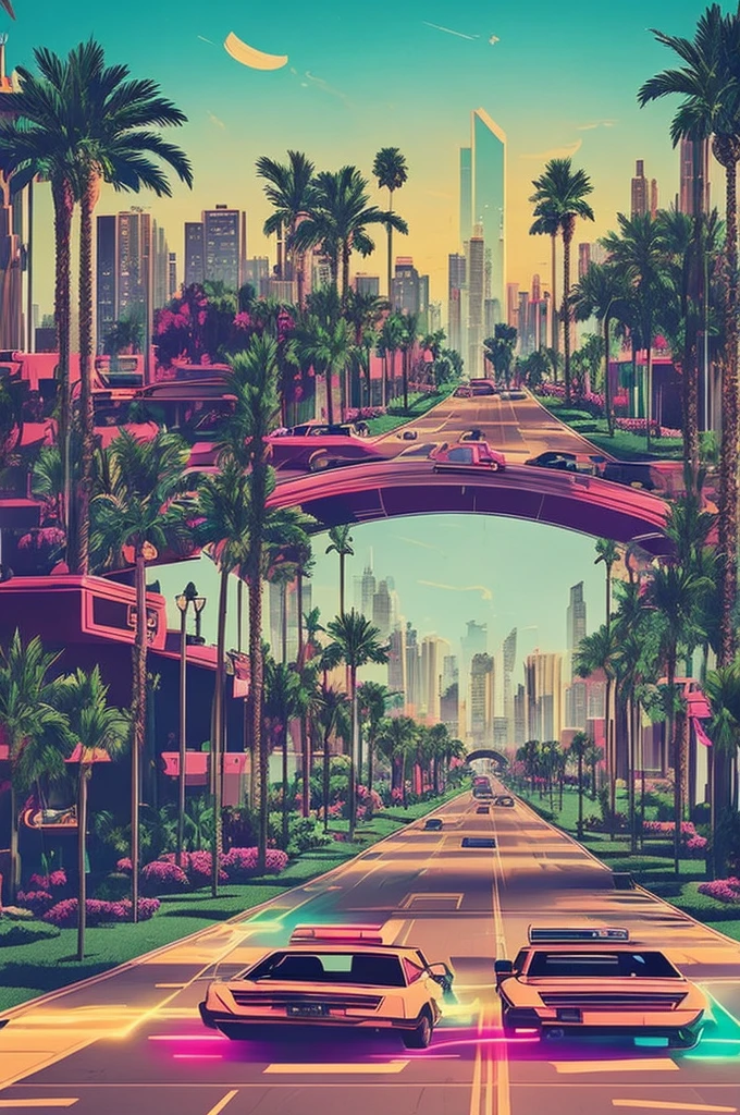 retro 80s art, 2 men on hoverboards down a highway with palm trees on the side of the road, retro art, synthwave, city view in the background, highly detailed