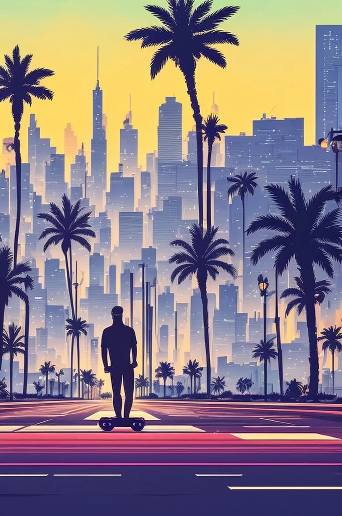 retro 80s art, 2 men on hoverboards down a highway with palm trees on the side of the road, retro art, synthwave, city view in the background, highly detailed