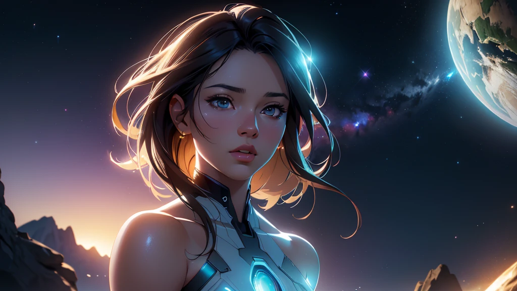 (ultra quality, 4k, 8k, high resolution, masterpiece: 1.2), ultra detailed, (realistic, photorealistic, photorealistic: 1.37) a beautiful young woman walking in outer space, semi-naked with lights all over her body, highly detailed, extremely detailed portrait, intricate details, hyper realistic, 8k, photorealistic, art by artgerm and greg rutkowski, dramatic lighting, glowing skin, volumetric lighting, cinematic, awe-inspiring, ethereal, mystical, cosmic, mesmerizing