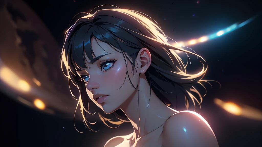 (ultra quality, 4k, 8k, high resolution, masterpiece: 1.2), ultra detailed, (realistic, photorealistic, photorealistic: 1.37) a beautiful young woman walking in outer space, semi-naked with lights all over her body, highly detailed, extremely detailed portrait, intricate details, hyper realistic, 8k, photorealistic, art by artgerm and greg rutkowski, dramatic lighting, glowing skin, volumetric lighting, cinematic, awe-inspiring, ethereal, mystical, cosmic, mesmerizing