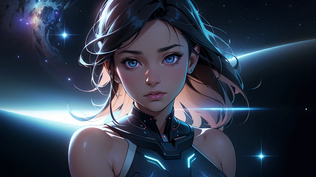 (ultra quality, 4k, 8k, high resolution, masterpiece: 1.2), ultra detailed, (realistic, photorealistic, photorealistic: 1.37) a beautiful young woman walking in outer space, semi-naked with lights all over her body, highly detailed, extremely detailed portrait, intricate details, hyper realistic, 8k, photorealistic, art by artgerm and greg rutkowski, dramatic lighting, glowing skin, volumetric lighting, cinematic, awe-inspiring, ethereal, mystical, cosmic, mesmerizing