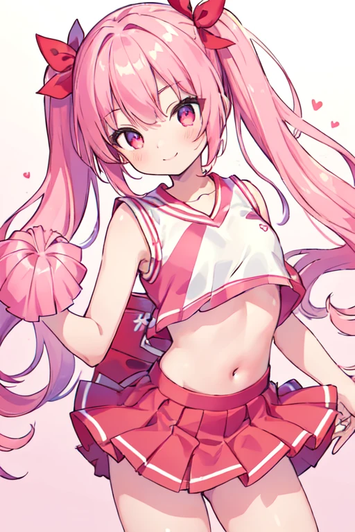  (best quality, masterpiece:1.2), ultra detailed, extremely detailed eyes and face, natural skin texture, detailed skin, natural lighting,
 1 girl, 14 year old, (cute),
 twintails, pink hair, 
 pink eye,
 small breasts, 
 cheerleader, red crop top, red sleeveless shirt, midriff, red miniskirt, red pleated skirt,
 smile,
 white background,