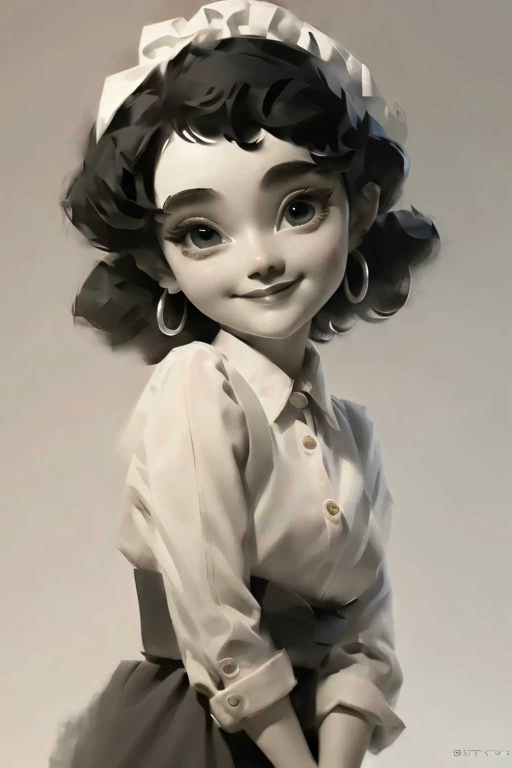 actual,maid,A face as delicate as betty boop
(best quality, masterpiece, original photo,Super detailed:1.2), 1 girl,alone,looking at the audience,Smile，Gray and black gradient background，black background