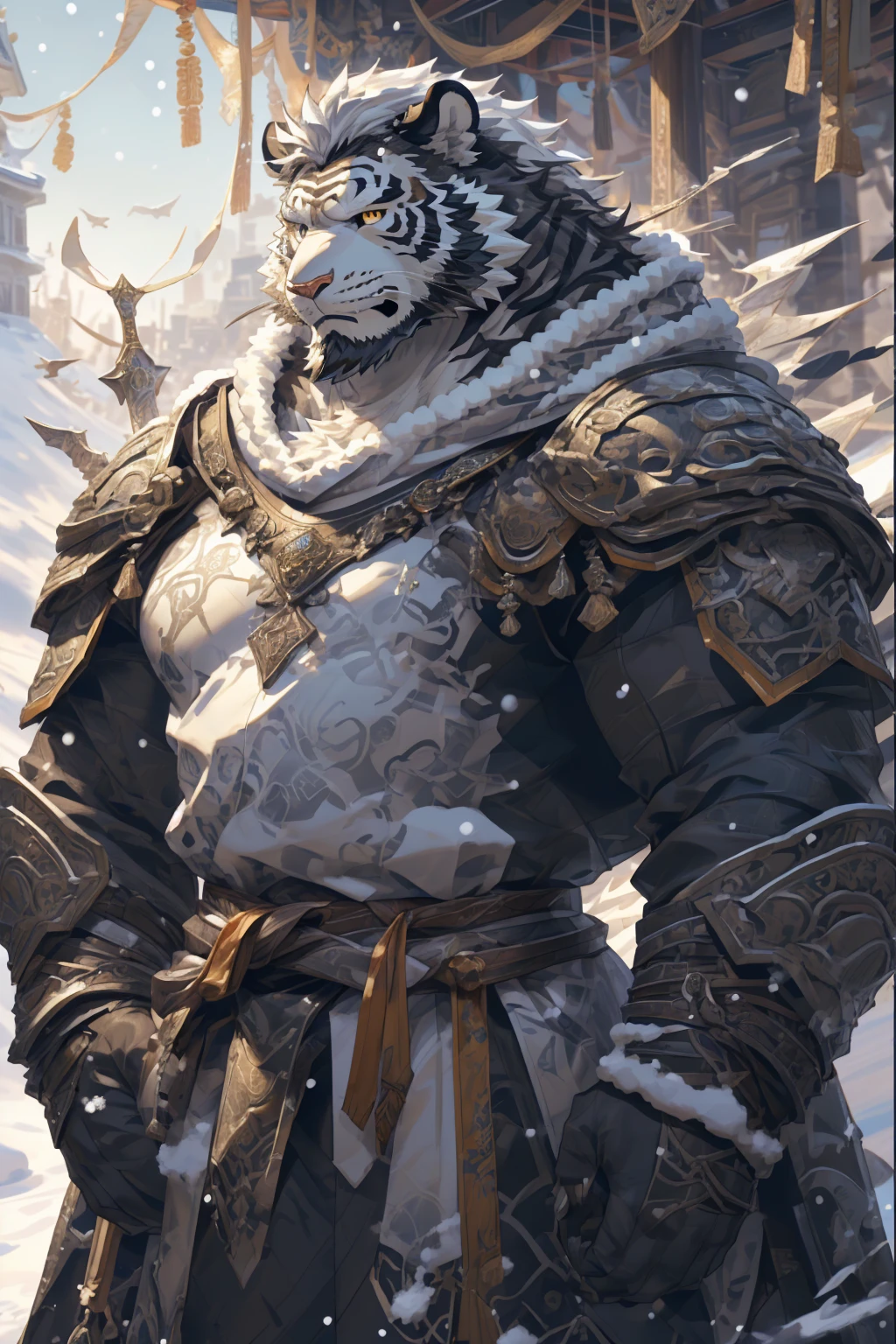 (White skintiger),(黑白阴阳Military commander战袍),(Holding a long sword),(Awesome posture:1.3),Standing quietly in,(The background is a city covered with ice and snow:1.5),(Abdominal muscles),Heroic飒爽,完美的masterpiece,Various facial details,Close-up view,specific description,masterpiece,(cg),(Golden Eyes),Black and white pattern,Black and white tail,Military commander,Heroic,tiger,Black and white fur,Detailed facial details,Half Body,(黑白阴阳Military commander战履),(Long feather),((middle aged)),(Face Focus),(16K),(HD),Black and white abdomen,temple,beard,(Face lines),(Heterochromia,),(Black and white yin and yang battle robe),(Black and white hair),(Strong:1.2),(muscle:1.3),(high resolution:1.3),(Standing in front of a city covered in snow),(Close up),(Detailed face:1.5),Perfect details,(Half Body),(Detailed depiction of the face:1.5),(Zoom in on the face:1.5),(白色Face lines:1.2),(黑色beard:1.3),(White face:1.6),(White body),(White skin,black strips:1.3),(White cheeks:1.5),(The skin color of the face is white:1.3),cg