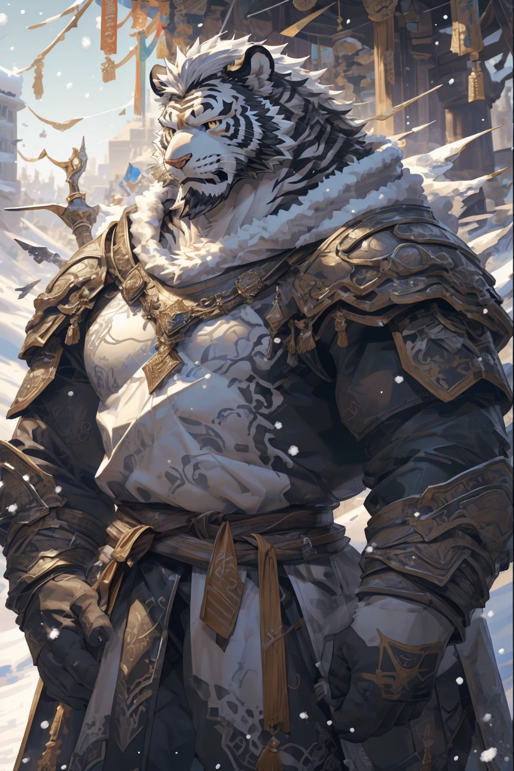 (White skintiger),(黑白阴阳Military commander战袍),(Holding a long sword),(Awesome posture:1.3),Standing quietly in,(The background is a city covered with ice and snow:1.5),(Abdominal muscles),Heroic飒爽,完美的masterpiece,Various facial details,Close-up view,specific description,masterpiece,(cg),(Golden Eyes),Black and white pattern,Black and white tail,Military commander,Heroic,tiger,Black and white fur,Detailed facial details,Half Body,(黑白阴阳Military commander战履),(Long feather),((middle aged)),(Face Focus),(16K),(HD),Black and white abdomen,temple,beard,(Face lines),(Heterochromia,),(Black and white yin and yang battle robe),(Black and white hair),(Strong:1.2),(muscle:1.3),(high resolution:1.3),(Standing in front of a city covered in snow),(Close up),(Detailed face:1.5),Perfect details,(Half Body),(Detailed depiction of the face:1.5),(Zoom in on the face:1.5),(白色Face lines:1.2),(黑色beard:1.3),(White face:1.6),(White body),(White skin,black strips:1.3),(White cheeks:1.5),(The skin color of the face is white:1.3),cg