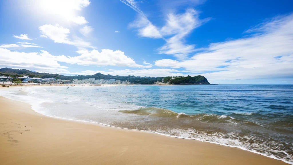 ultra photorealistic, Sandy Beachと青い空が広がるアラフライビーチ, japan shonan enoshima, Sunny day at the beach, Kamakura scenery, Chiba Prefecture, Okinawa Japan, Ehime, beach in the foreground, Sandy Beach, Masao Maeda, beautiful iwakura, Abel Tasman, white Sandy Beach, Wellington, Everywhere