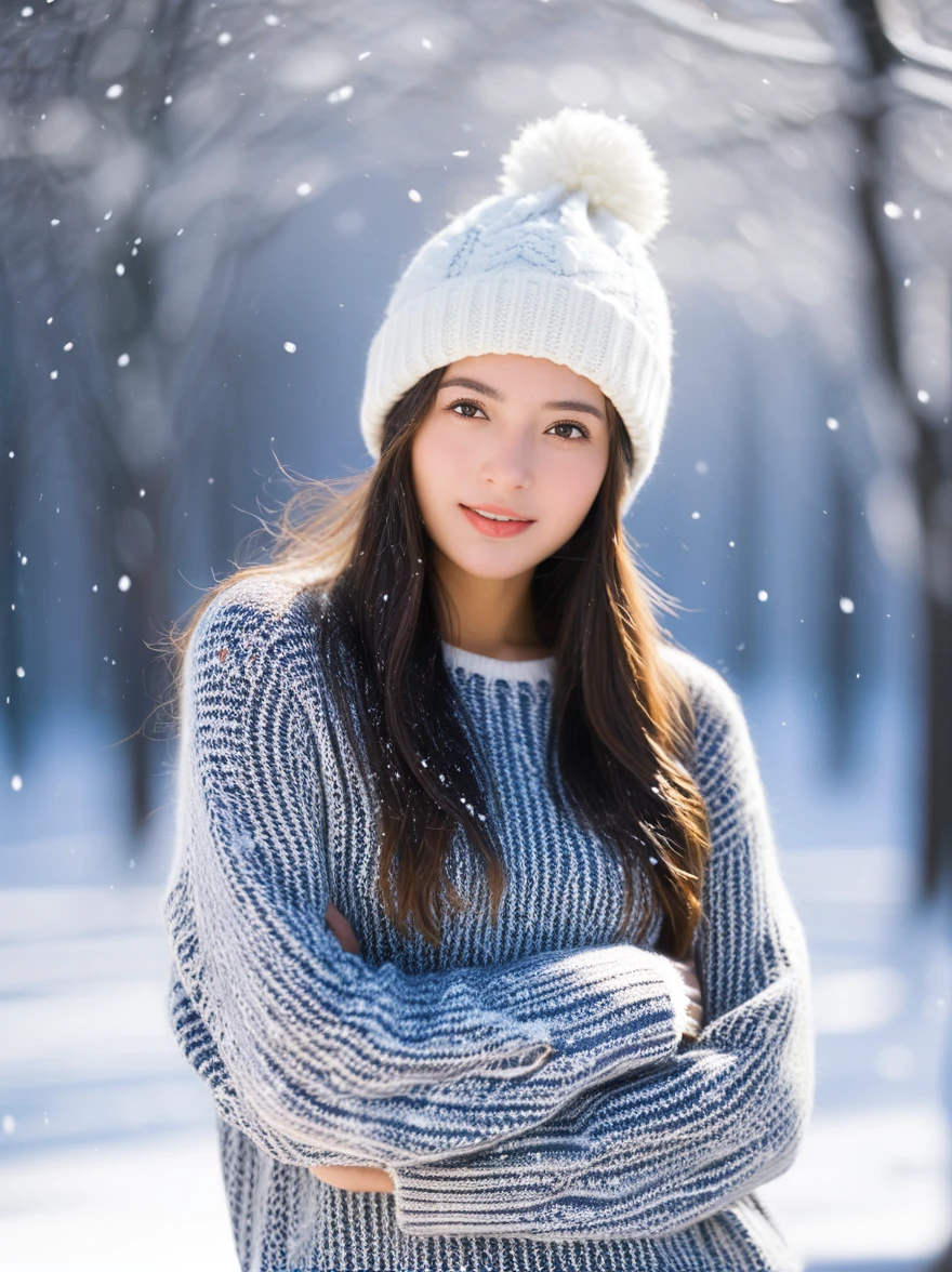best quality, masterpiece,
Analog photo of adult girl wearing sweater and sweater hat, looking at viewer, long hair, Headshots, hold one&#39;s cheek with one&#39;s hand, enlargement, very beautiful detailed face, medium chest, (Cute face, looks tempting), eye level,
professional photos, high contrast exposure, soft bokeh, high key light, solid shadow, soft bokeh, snowfall, snowfall background,
