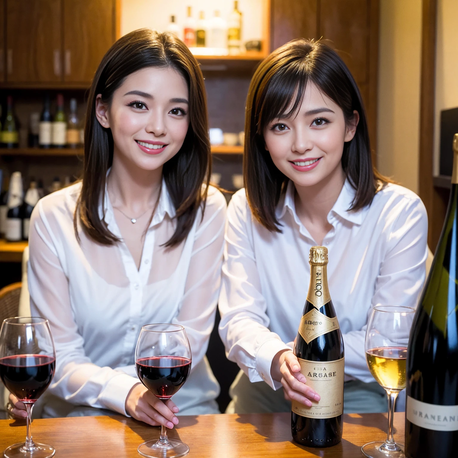 ((Highest quality、8K、masterpiece:1.3))、 (Ultra-realistic、 Genuine、Bright image、Intricate details:1.2), 最高のsmile、1 male 1 female、Beautiful couple、Love Love Love、Lovers in Yokohama、Good friends、actress couple、smile、Full-course dinner at a packed table、 (Slim face), (the body is slim), (Brown Hair), (short hair), テーブルのwine glass、Please shine a light on my face、 Amazing view of the sunset sky and clouds、36 years old 39 years old, red wine 、Wine bottle、sparkling wine、Long sleeve shirt、dress、White wine, red wine, wine glass,