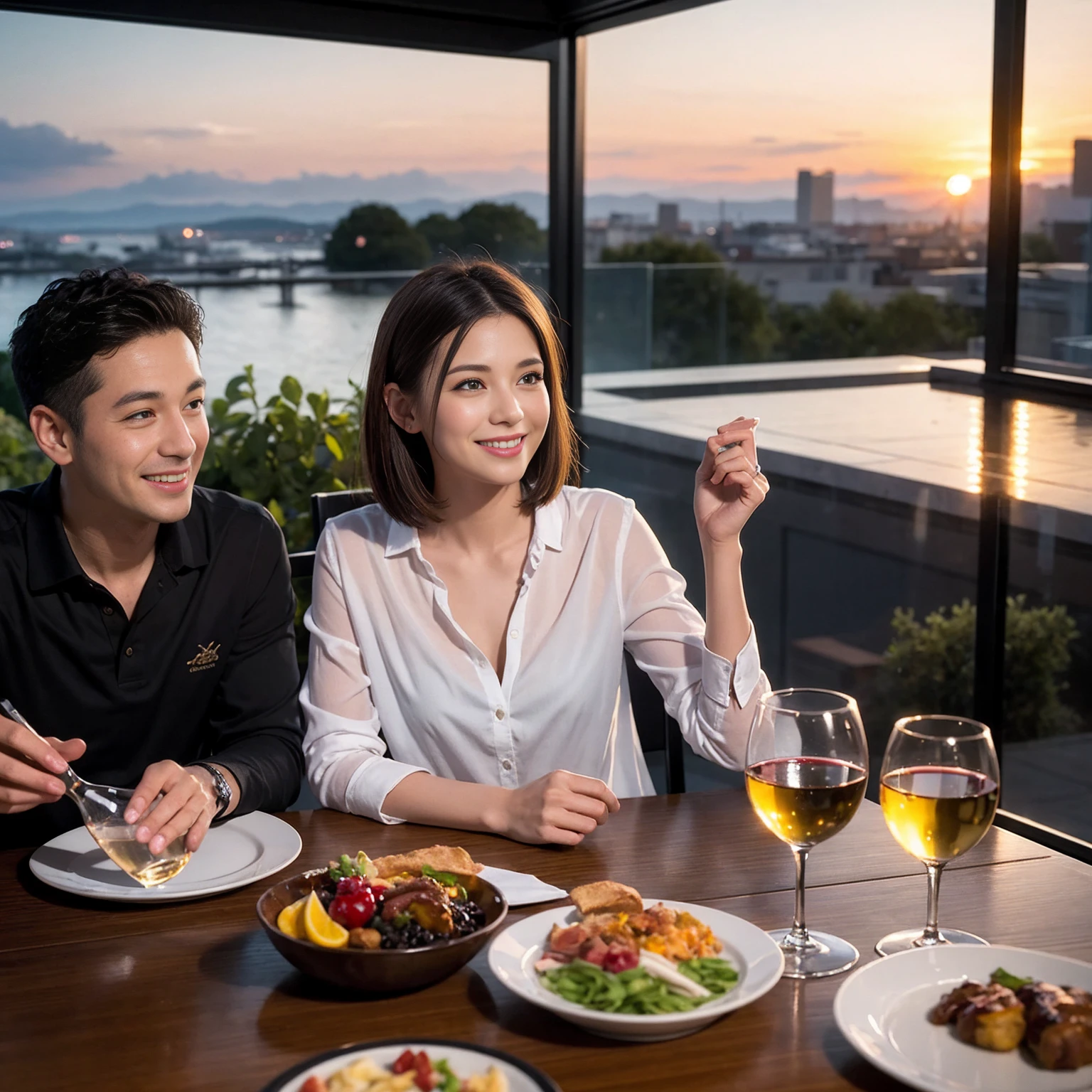 ((Highest quality、8K、masterpiece:1.3))、 (Ultra-realistic、 Genuine、Bright image、Intricate details:1.2), 最高のsmile、1 male 1 female、Beautiful couple、Love Love Love、Lovers in Yokohama、Good friends、actress couple、smile、Full-course dinner at a packed table、 (Slim face), (the body is slim), (Brown Hair), (short hair), テーブルのwine glass、Please shine a light on my face、 Amazing view of the sunset sky and clouds、36 years old 39 years old, red wine 、Wine bottle、sparkling wine、Long sleeve shirt、dress、White wine, red wine, wine glass, 