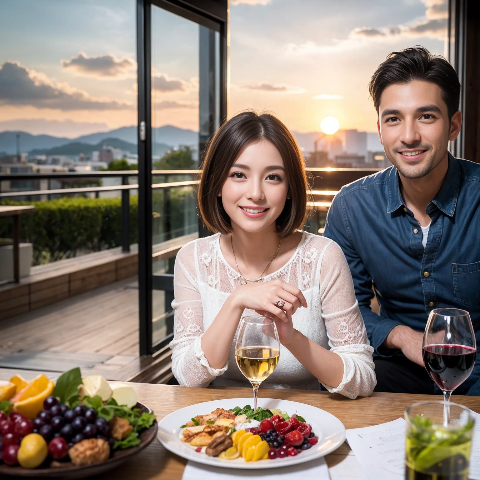 ((Highest quality、8K、masterpiece:1.3))、 (Ultra-realistic、 Genuine、Bright image、Intricate details:1.2), 最高のsmile、1 male 1 female、Beautiful couple、Love Love Love、Lovers in Yokohama、Good friends、actress couple、smile、Full-course dinner at a packed table、 (Slim face), (the body is slim), (Brown Hair), (short hair), テーブルのwine glass、Please shine a light on my face、 Amazing view of the sunset sky and clouds、36 years old 39 years old, red wine 、Wine bottle、sparkling wine、Long sleeve shirt、dress、White wine, red wine, wine glass,