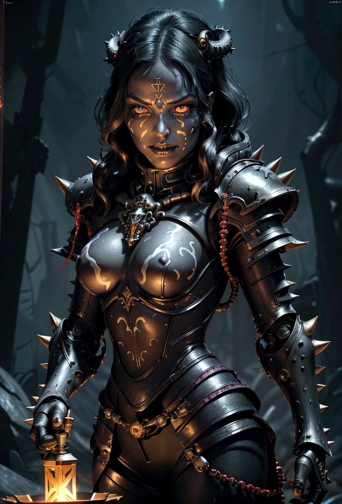 a gorgeous adepta sororitas from the movie tron, glowing skull armor, spikes, teeth, monster, dirty tentacles, pus pimples, cracked truenurgle, detailed face and eyes, beautiful lips, extremely detailed, 1girl, oil painting, concept art, dark fantasy, cinematic lighting, dramatic shadows, vibrant colors, moody atmosphere, hyper detailed, 8k, photorealistic
