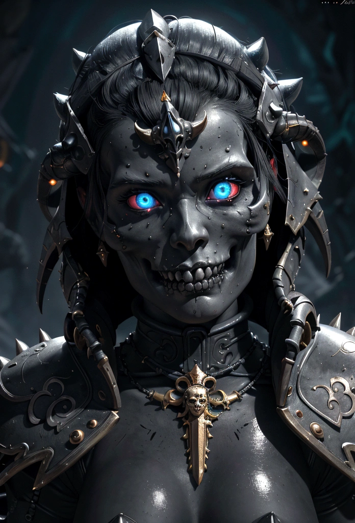 a gorgeous adepta sororitas from the movie tron, glowing skull armor, spikes, teeth, monster, dirty tentacles, pus pimples, cracked truenurgle, detailed face and eyes, beautiful lips, extremely detailed, 1girl, oil painting, concept art, dark fantasy, cinematic lighting, dramatic shadows, vibrant colors, moody atmosphere, hyper detailed, 8k, photorealistic
