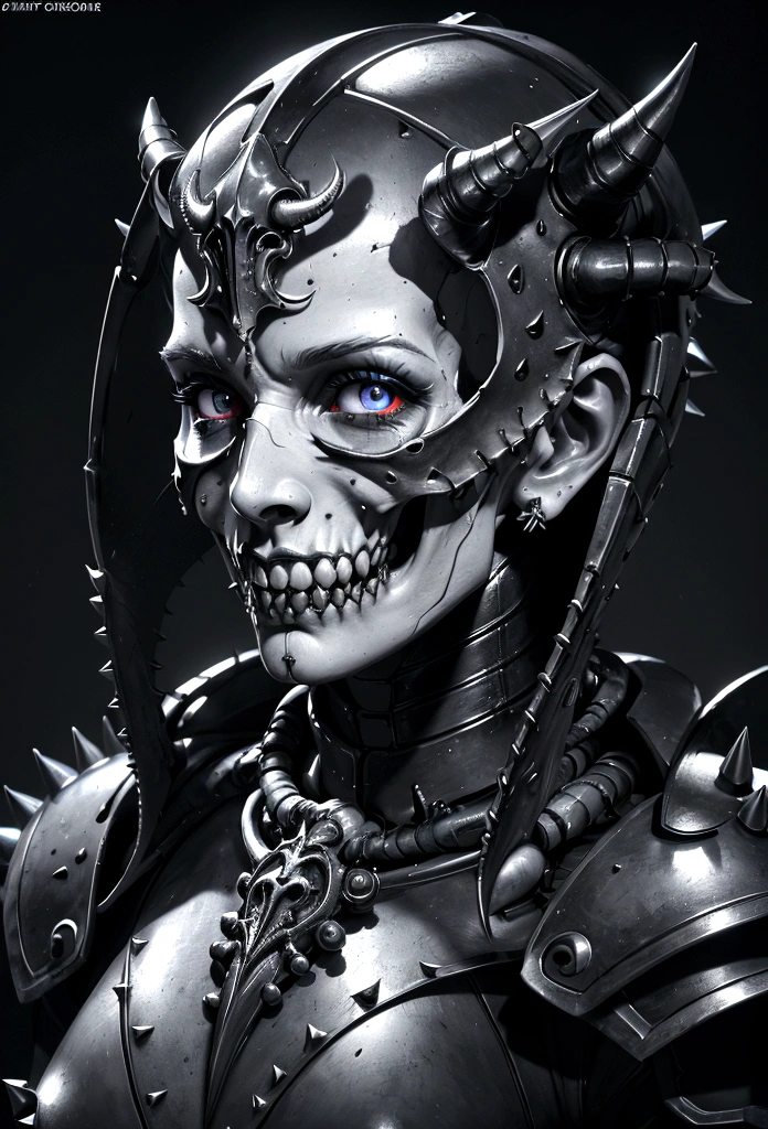 a gorgeous adepta sororitas from the movie tron, glowing skull armor, spikes, teeth, monster, dirty tentacles, pus pimples, cracked truenurgle, detailed face and eyes, beautiful lips, extremely detailed, 1girl, oil painting, concept art, dark fantasy, cinematic lighting, dramatic shadows, vibrant colors, moody atmosphere, hyper detailed, 8k, photorealistic
