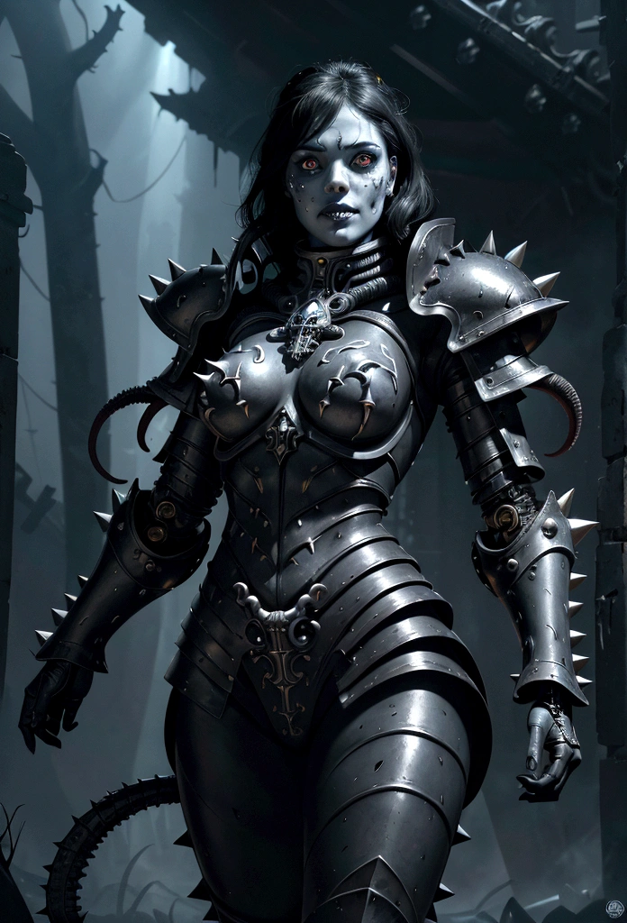 a gorgeous adepta sororitas from the movie tron, glowing skull armor, spikes, teeth, monster, dirty tentacles, pus pimples, cracked truenurgle, detailed face and eyes, beautiful lips, extremely detailed, 1girl, oil painting, concept art, dark fantasy, cinematic lighting, dramatic shadows, vibrant colors, moody atmosphere, hyper detailed, 8k, photorealistic
