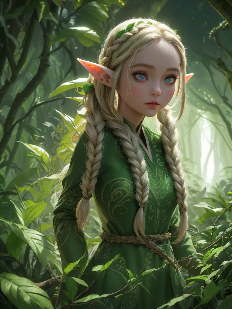 female cute elf, (anatomical biometrical hands), in a jungle, two braid hair, wearing elf dress, cute face, full body, (hyper detailed eyes, hyper detailed face), 16k, 8k, RAW photo, best quality, masterpiece, high detail RAW color photo, dramatic lighting, cinematic lighting, back light, professional lighting