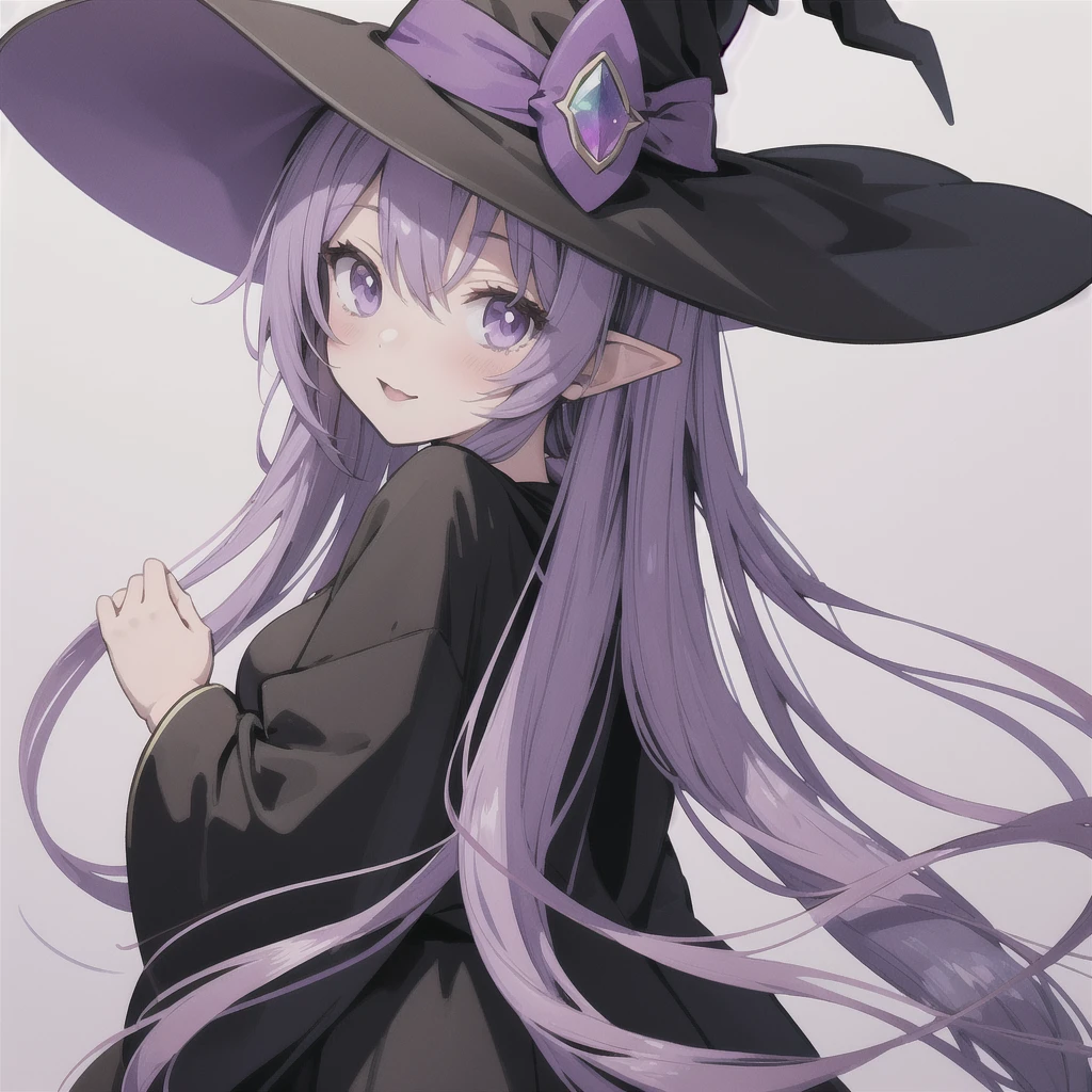 anime girl long purple hair wearing a black Robe. she has pointy ears. Witch Hat. Manga kawaii. iridescent ,An illustration, 0ne person .look back