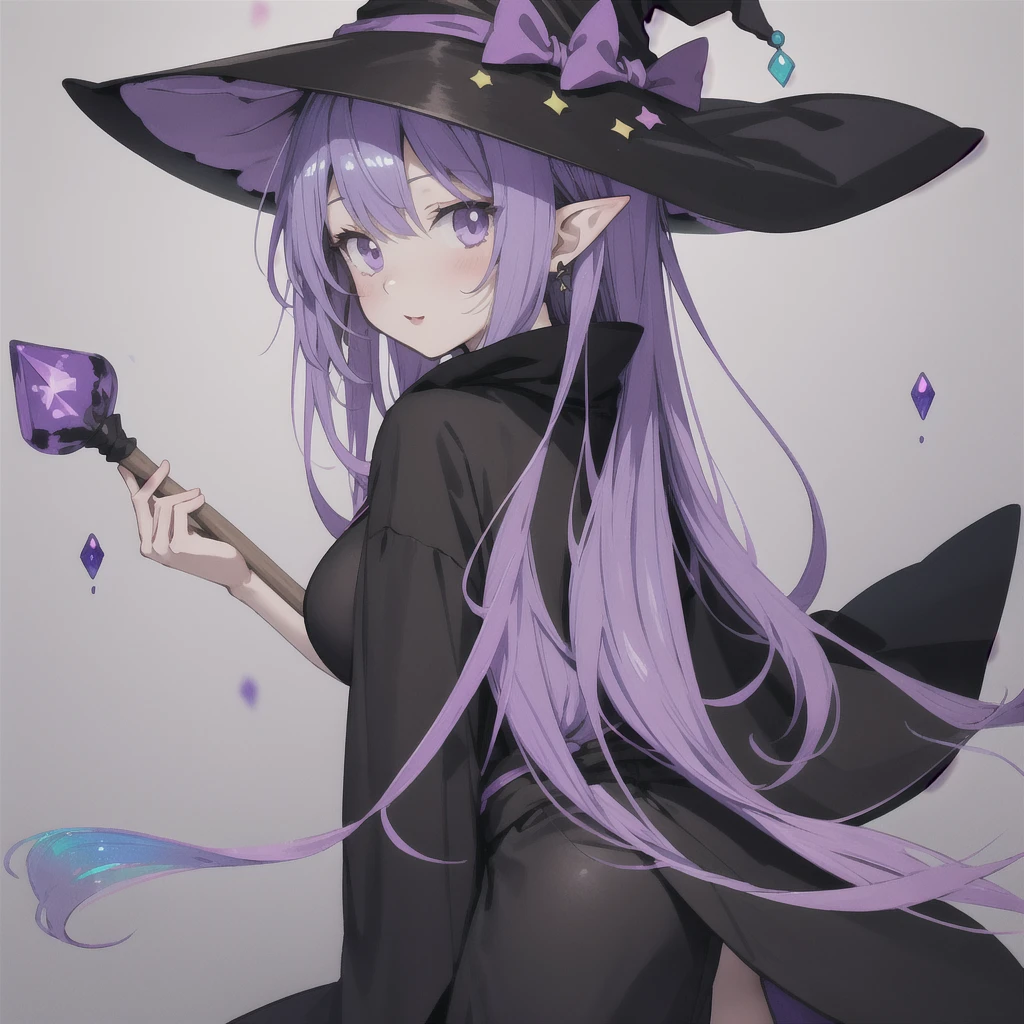 anime girl long purple hair wearing a black Robe. she has pointy ears. Witch Hat. Manga kawaii. iridescent ,An illustration, 0ne person .look back