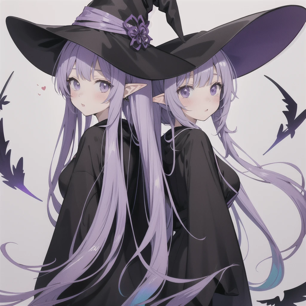 anime girl long purple hair wearing a black Robe. she has pointy ears. Witch Hat. Manga kawaii. iridescent ,An illustration, 0ne person .look back