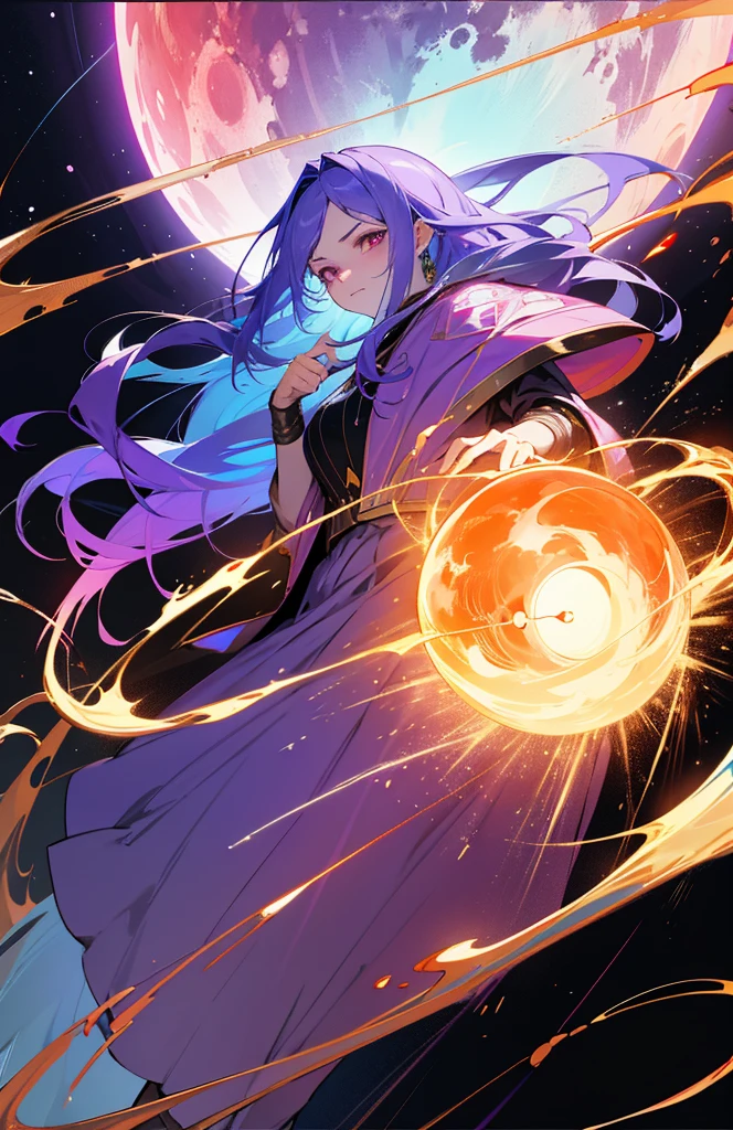 (woman\(Magical girl, Purple long skirt, Long flowing blue hair, Red pupils, Pale skin, Indifferent face,Cold eyes，Magic elements gathered in hand，The magic element forms a vortex that surrounds),night，Blood Moon,quality\(8K,Extremely detailed CG unit wallpaper, masterpiece,high resolution,top-quality,top-quality real texture skin,Surrealism,提high resolution,original photo,Best quality,Very detailed,light,Ray Tracing,Golden Ratio\)