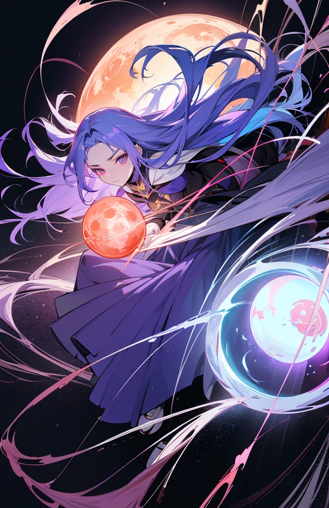 (woman\(Magical girl, Purple long skirt, Long flowing blue hair, Red pupils, Pale skin, Indifferent face,Cold eyes，Magic elements gathered in hand，The magic element forms a vortex that surrounds),night，Blood Moon,quality\(8K,Extremely detailed CG unit wallpaper, masterpiece,high resolution,top-quality,top-quality real texture skin,Surrealism,提high resolution,original photo,Best quality,Very detailed,light,Ray Tracing,Golden Ratio\)