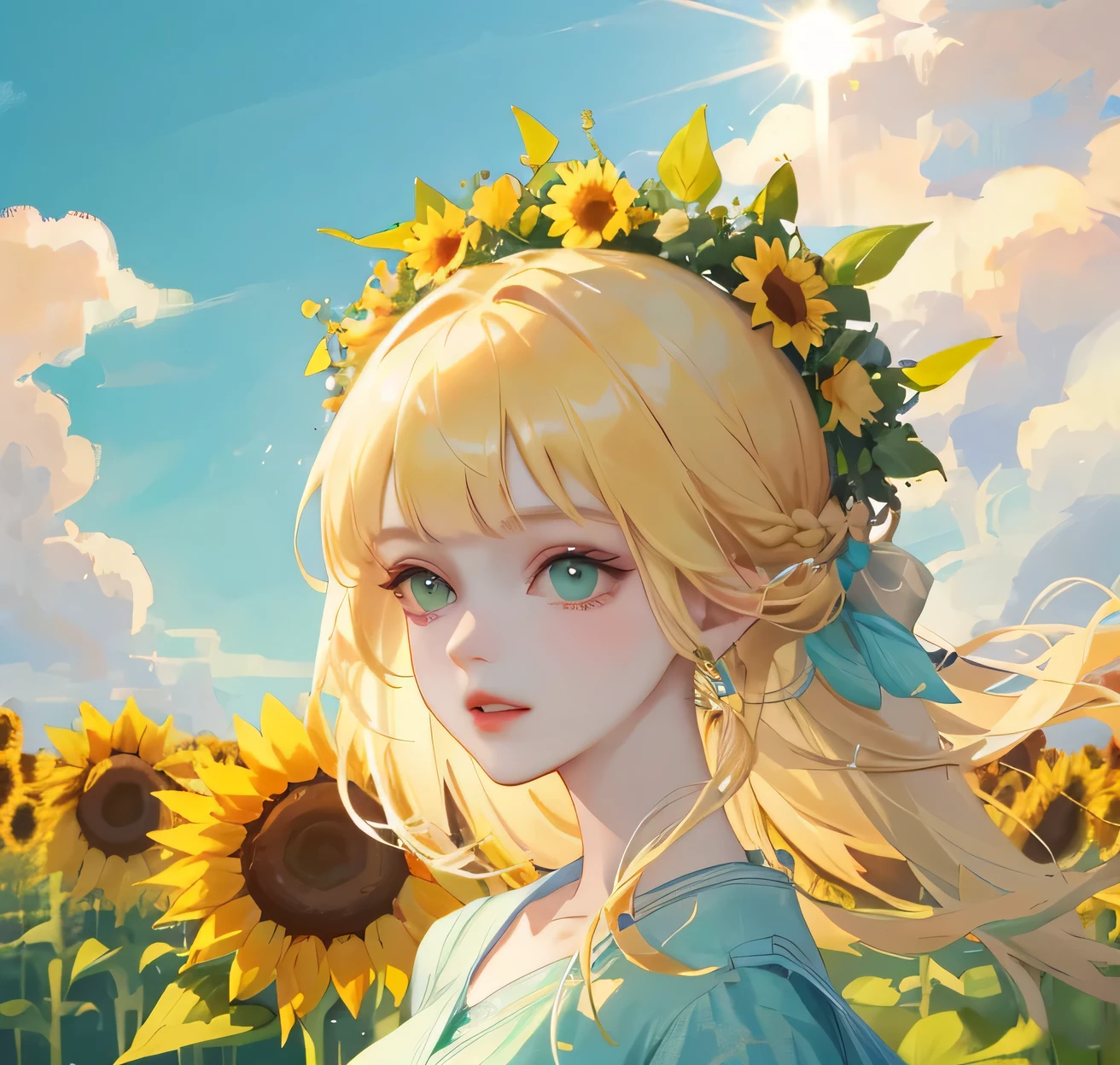 (high quality) (best quality) (a woman) (correct physiognomy) Woman, blonde hair with bangs on her forehead, Flower crown on her head, green eyes, tender lips, middle age, olive green summer dress with print of flowers, location of the photo, the woman must be in the middle of a field of sunflowers, lighting of the photo: sunlight, proportion from head to hips..