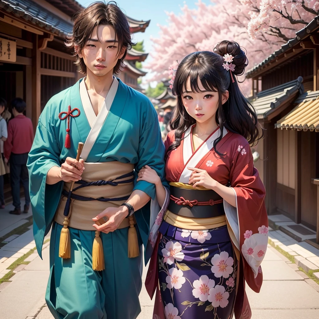 ((best quality)), ((masterpiece)), (detailed), danjiri matsuri in up, gion matsuri in down, hanami matsuri right, sapporo yuki matsuri left,(create cover for matsuri podcast), boy and girl illustration, thick brush, HD anime ilustrasi, 8k resolution