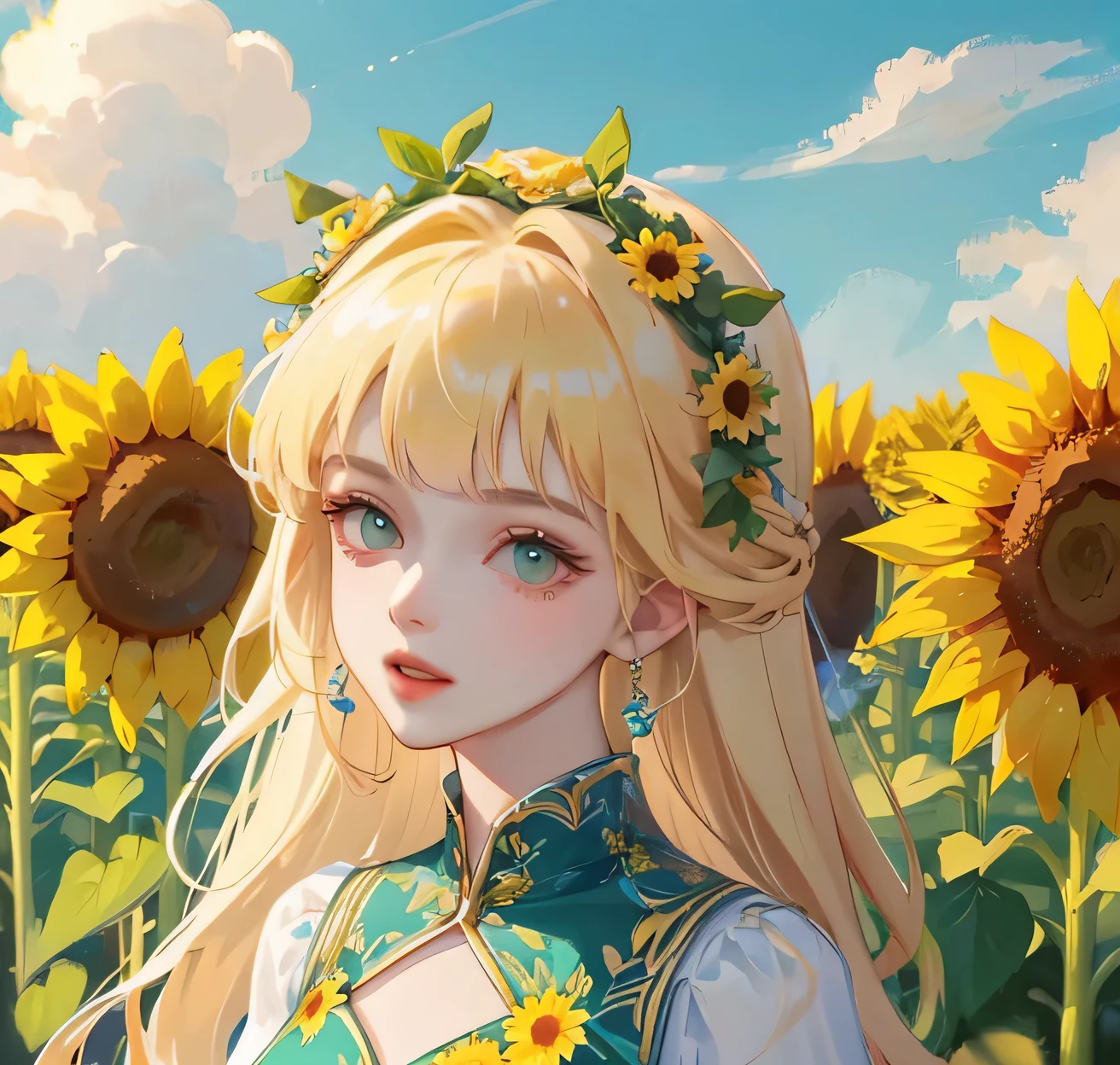 (high quality) (best quality) (a woman) (correct physiognomy) Woman, blonde hair with bangs on her forehead, Flower crown on her head, green eyes, tender lips, middle age, olive green summer dress with print of flowers, location of the photo, the woman must be in the middle of a field of sunflowers, lighting of the photo: sunlight, proportion from head to hips..