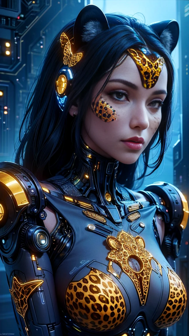 top quality, future world, State-of-the-art robot, Beautiful Woman, flying hair, Transformed into a cyborg except for the face, Transformed into a cyborg except for the shoulder, sexy images, whole body photo, (((cheetah)))
