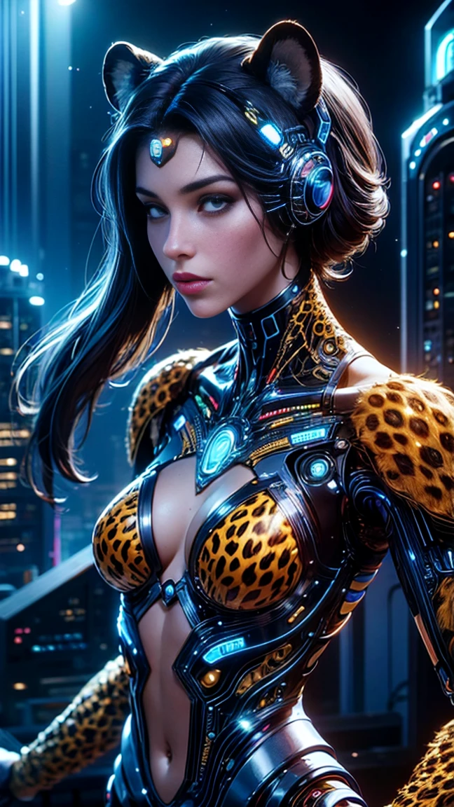 top quality, future world, State-of-the-art robot, Beautiful Woman, flying hair, Transformed into a cyborg except for the face,  Transformed into a cyborg except for the shoulder,  images, whole body photo, (((cheetah)))