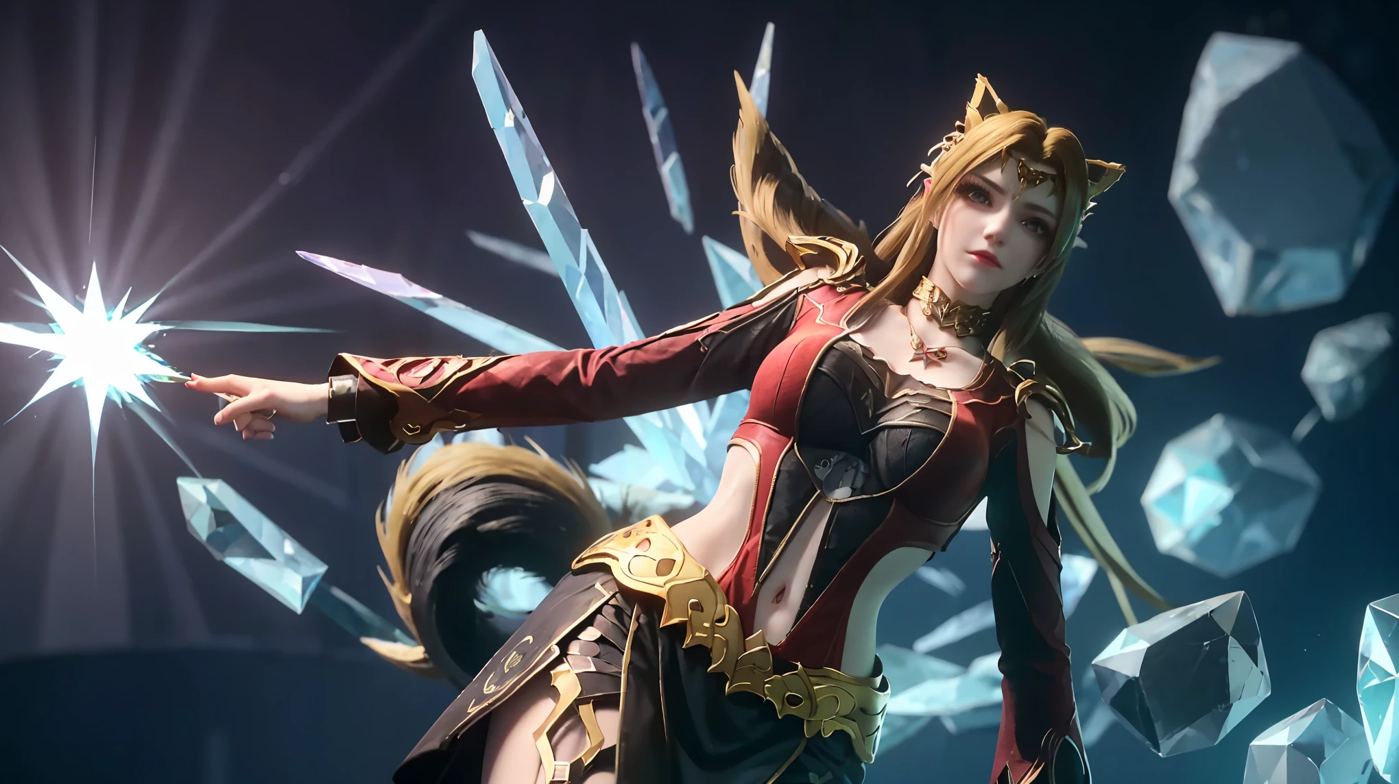 from below,Super Resolution, (Realism: 1.3), 1 (Slim: 1.2) Girl, Solo, Looking at the Audience, League of Legends, Fox, KDA Fox, Blonde Hair, Fox Ears, Fox Tail, Blue Coat, White Top, Black Skirt, Laser, Light Effect, Super Perfect Face, Perfect Eyes, Good Looking, ((Crystal Tail,)) Lots of Tails, Perfect Eyes