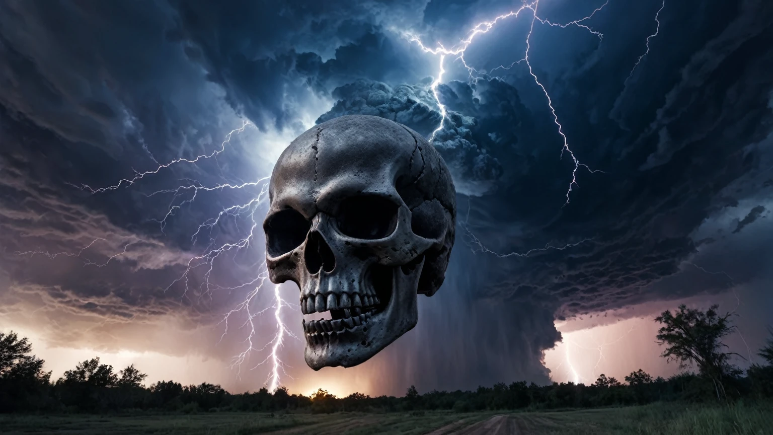 scary horrifying demonic skull shaped cloud, lightning strikes, tornadoes, debris flying everywhere, meteor showers, horror, background